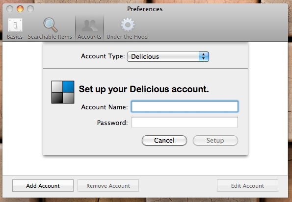 Add a Delicious account via the QSB preferences